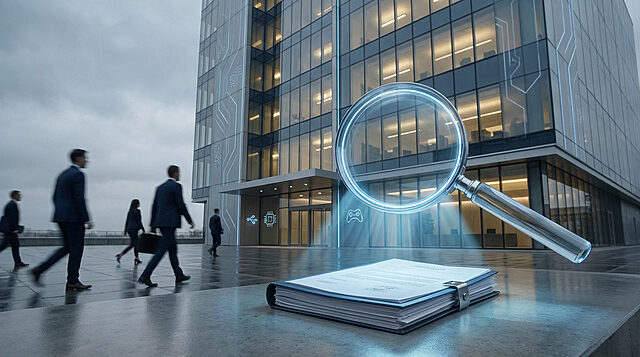 corporate tech investigation Bureau moderne avec documents et loupe numérique.