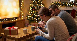 Jouer à la console devant sapin de Noël