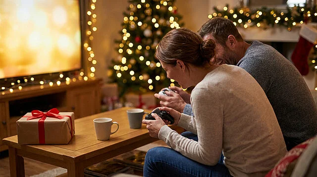 cozy christmas gaming shared joy and holiday cheer Jouer à la console devant sapin de Noël