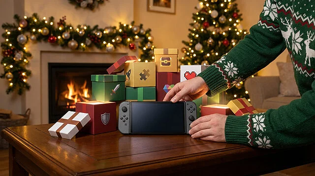 cozy christmas gaming unwrapping Console de jeux devant cadeaux de Noël et cheminée.