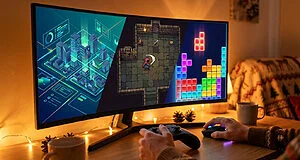 Personne joue à trois jeux vidéo sur un écran.