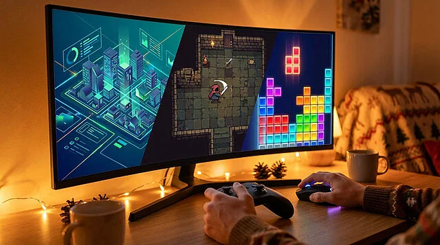 cozy multi genre gaming setup Personne joue à trois jeux vidéo sur un écran.