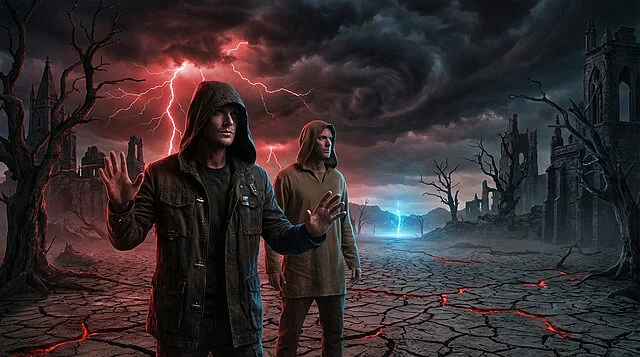 crimson storm azure promise Deux hommes dans un paysage apocalyptique orageux
