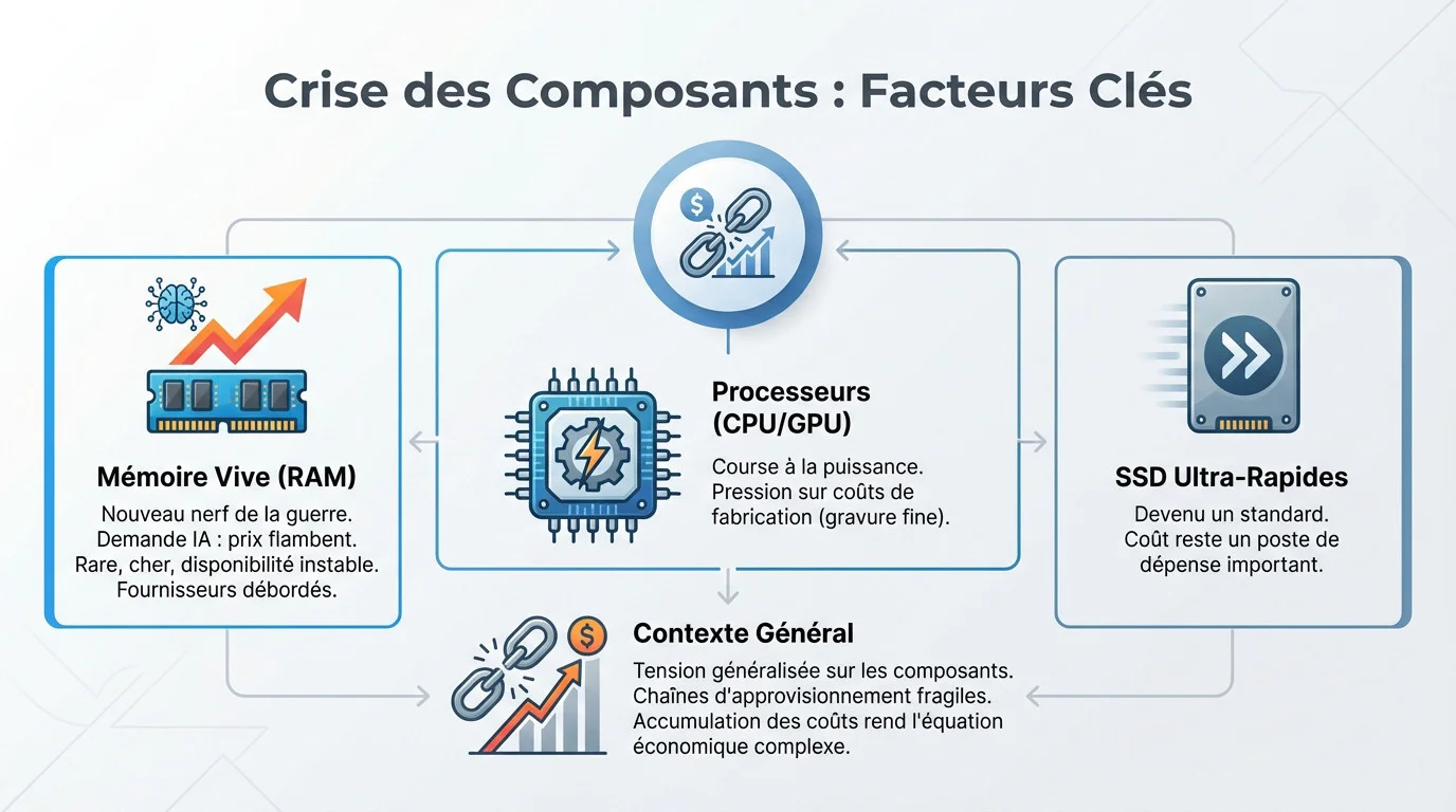 Graphique illustrant les facteurs clés de la crise des composants et l'impact sur le prix des consoles
