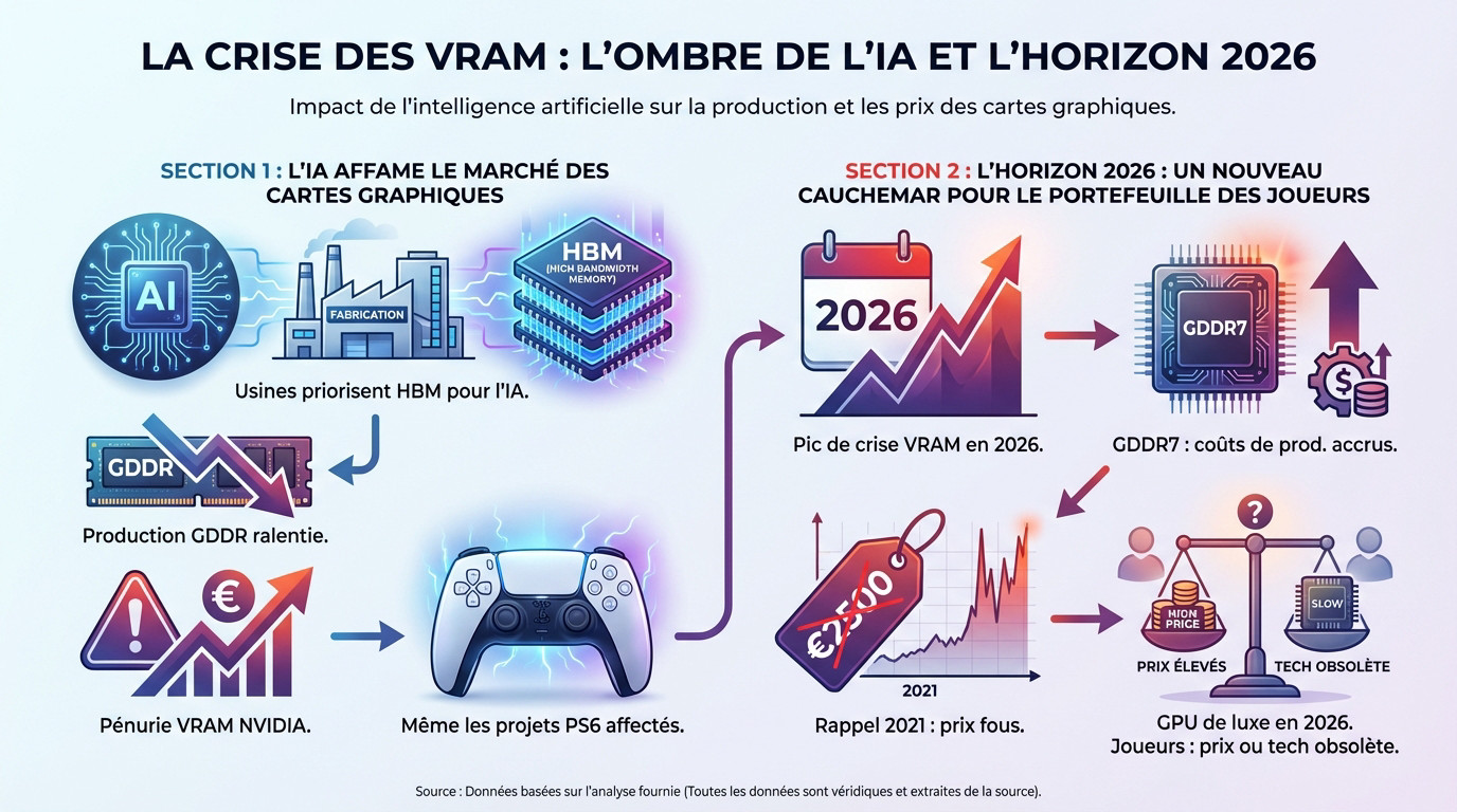 Graphique illustrant la montée des prix des GPU et la pénurie de VRAM prévue pour 2026