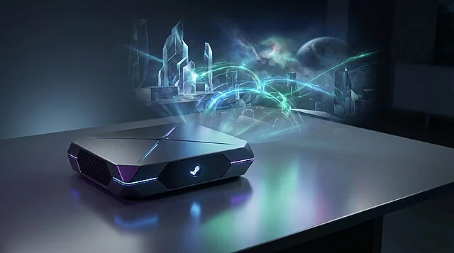 cutting edge console holographic sci fi projection Appareil futuriste projetant scène urbaine holographique.