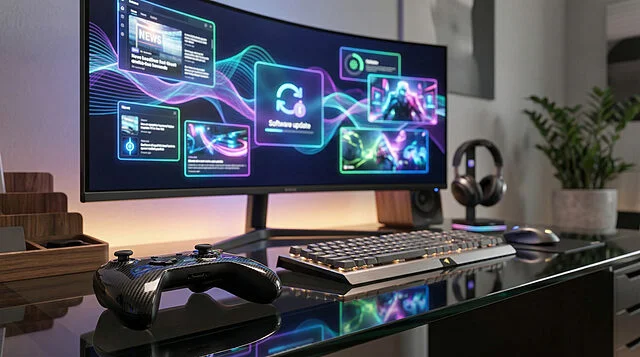 cutting edge gaming desk setup with dynamic monitor Bureau gamer avec écran incurvé et accessoires modernes.