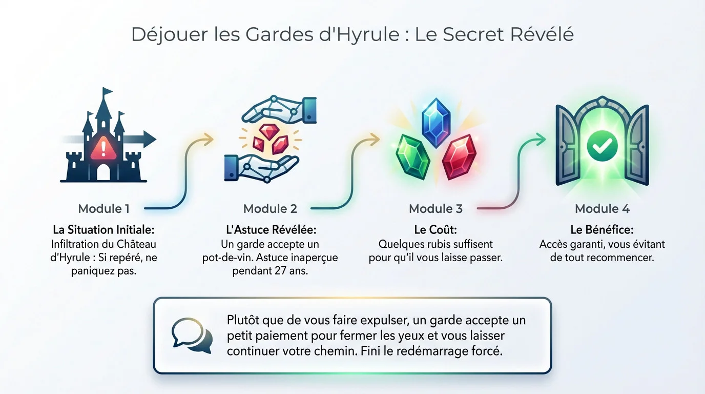 Link tentant de corrompre un garde lors de l'infiltration du château d'Hyrule dans Ocarina of Time