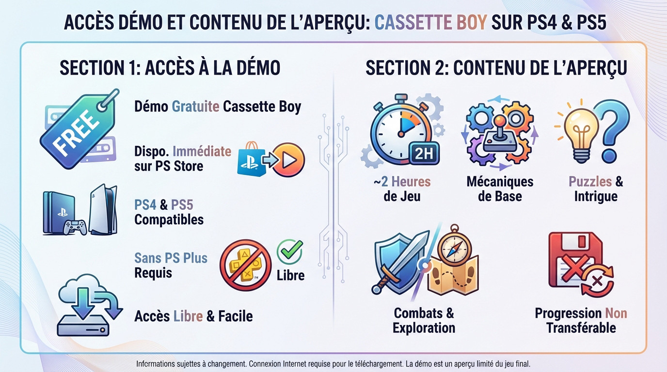 Aperçu du gameplay de la démo gratuite Cassette Boy sur PS5 montrant le style pixel art 3D