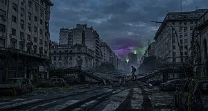 Ville abandonnée, ciel violet menaçant, pont en ruine