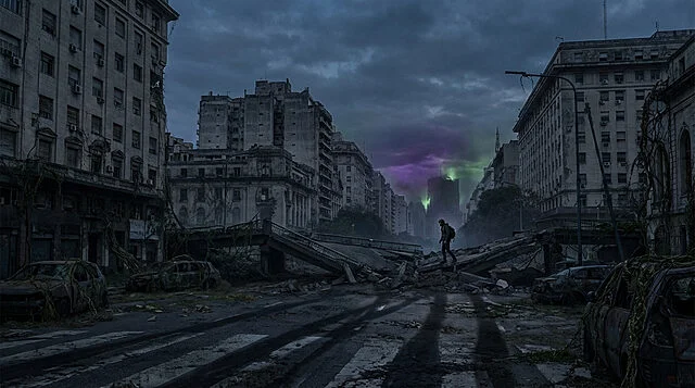 desolacao urbana e brilho sinistro Ville abandonnée, ciel violet menaçant, pont en ruine