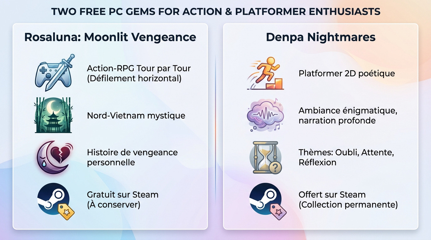 Illustration des jeux gratuits Rosaluna Moonlit Vengeance et Denpa Nightmares offerts sur Steam