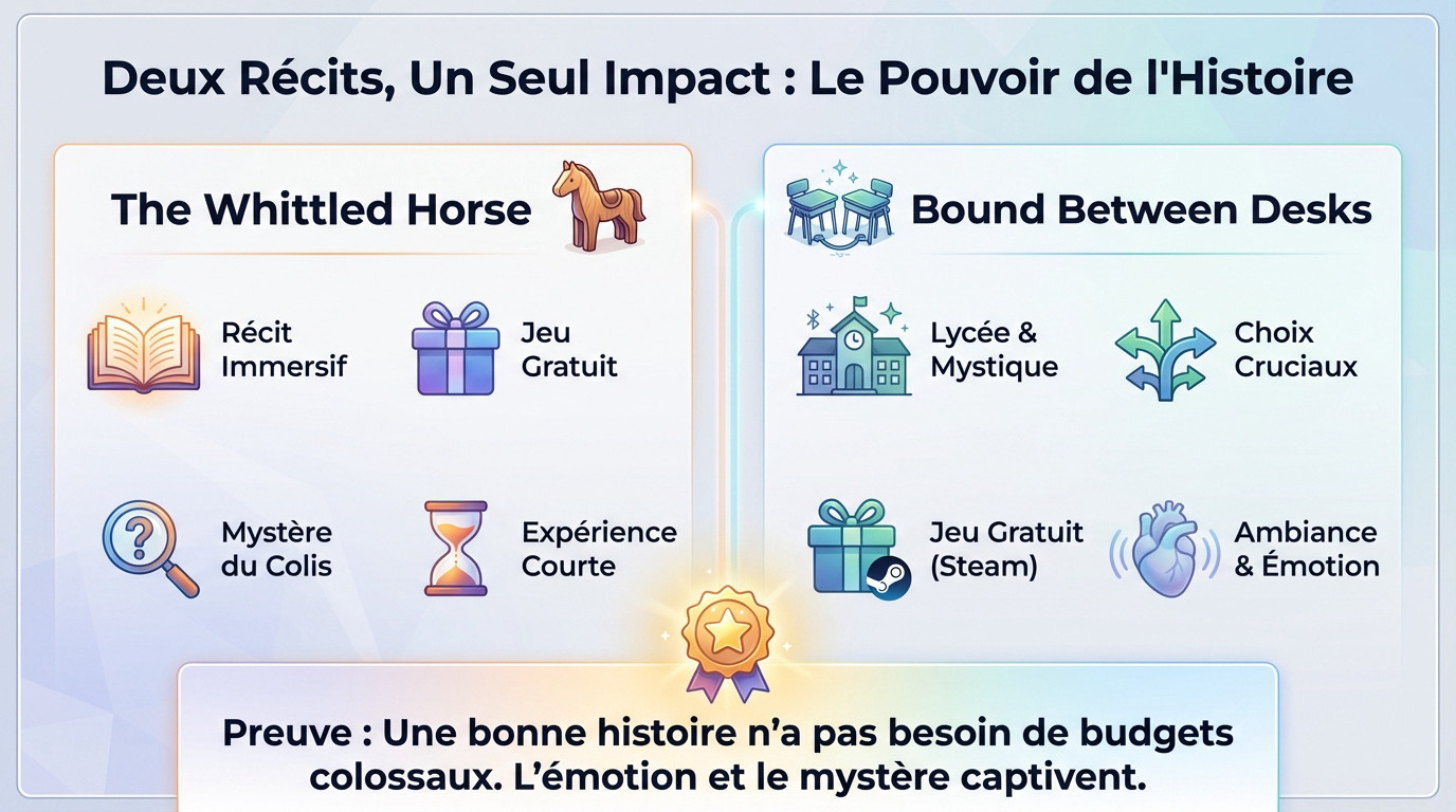 Illustration artistique montrant deux personnages de jeux narratifs face à un mystère