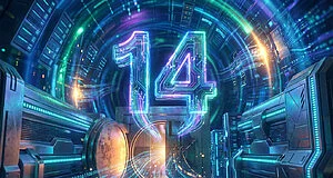 Chiffre 14 numérique futuriste et lumineux.