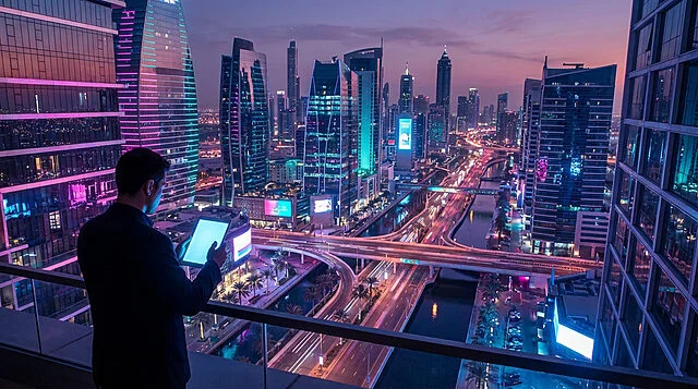 featured image from wisewand Vue nocturne de la ville illuminée depuis un balcon.