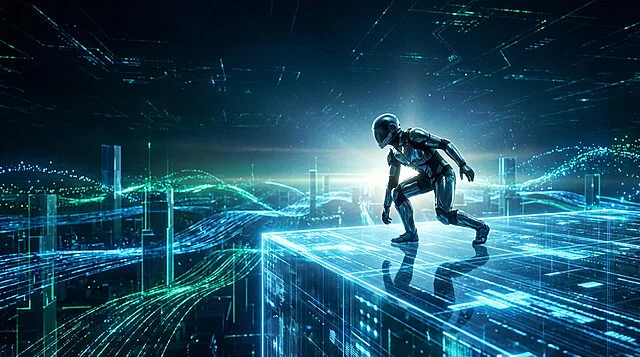 digital frontier anticipation unleashed Robot explorant un cyber paysage futuriste lumineux.