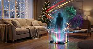 Salon avec technologie holographique et arbre de Noël.