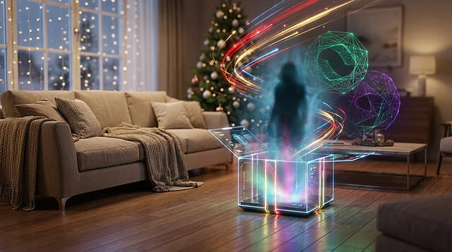 digital gift unveils festive gaming realms Salon avec technologie holographique et arbre de Noël.