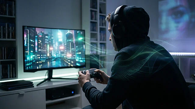 digital immersion ai and data privacy Joueur concentré devant un écran de jeu vidéo.