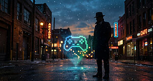 Homme et hologramme manette dans la rue enneigée.