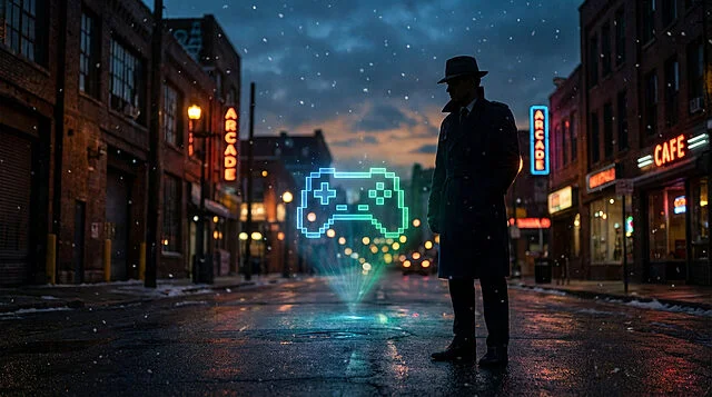 digital mystery in a snowy urban dusk Homme et hologramme manette dans la rue enneigée.