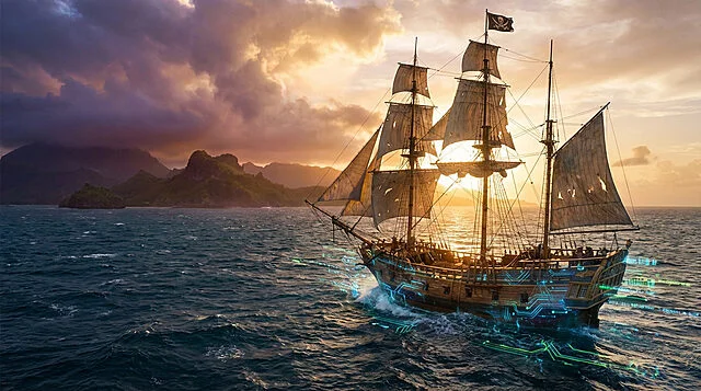 digital resync tall ship in tropical sunset Navire pirate naviguant vers le coucher de soleil.