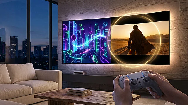 dusk entertainment split screen gaming and film Personne jouant à un jeu vidéo sur grand écran.