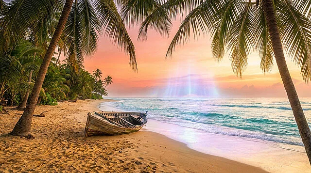 ethereal dawn tropical beach and abandoned boat Plage tropicale avec palmiers, barque au coucher du soleil.