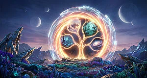 Paysage fantastique avec sphère lumineuse et planètes