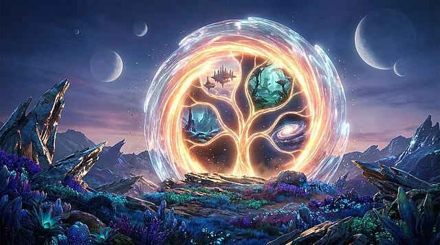 ethereal portal gateway to diverse worlds Paysage fantastique avec sphère lumineuse et planètes
