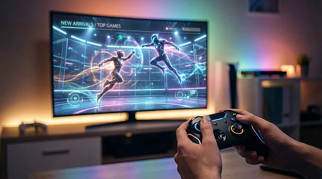 excitement for new game arrivals Joueur avec manette devant écran avec jeu vidéo