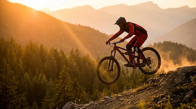 featured image from wisewand Cycliste VTT sautant sur sentier montagneux au coucher de soleil.