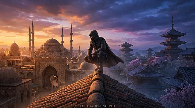 Assassin sur un toit au coucher du soleil.