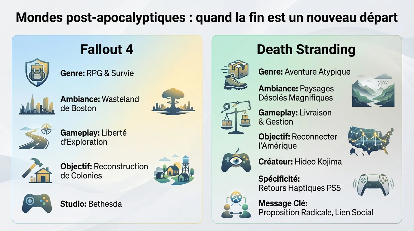 Comparatif visuel entre le monde dévasté de Fallout 4 et les paysages de Death Stranding