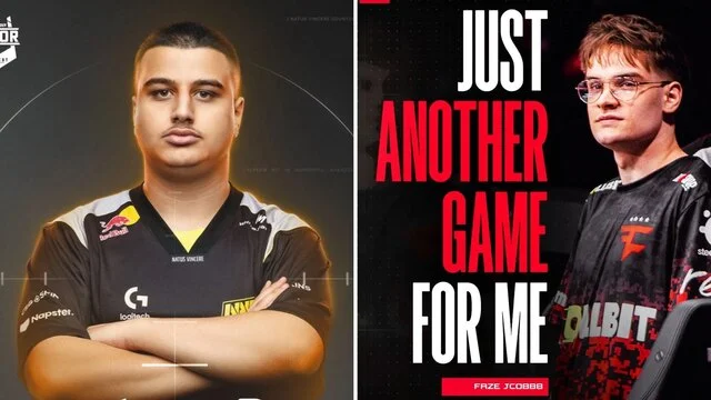 faze clan vs navi cs2: demi finale starladder, live et pronostics Portraits de deux joueurs d'eSports célèbres.