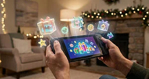 Console de jeu affichant des cadeaux virtuels colorés.