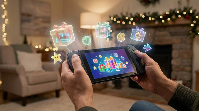 festive digital rewards Console de jeu affichant des cadeaux virtuels colorés.