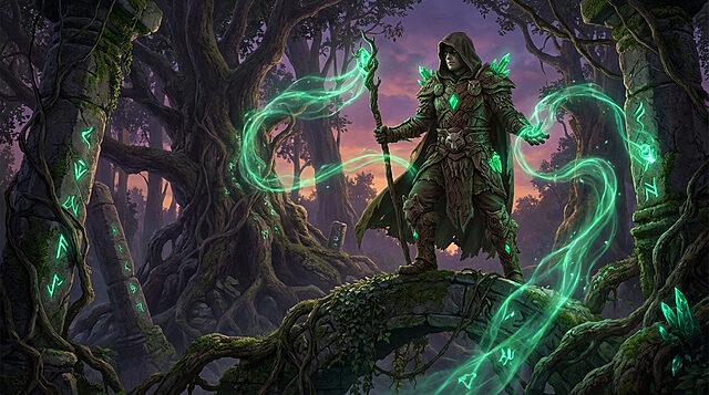 forest guardians emerald magic Mage conjurant des runes vertes dans une forêt mystérieuse.