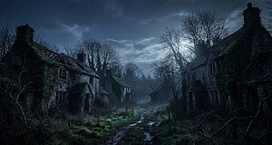 Village abandonné la nuit sous ciel nuageux