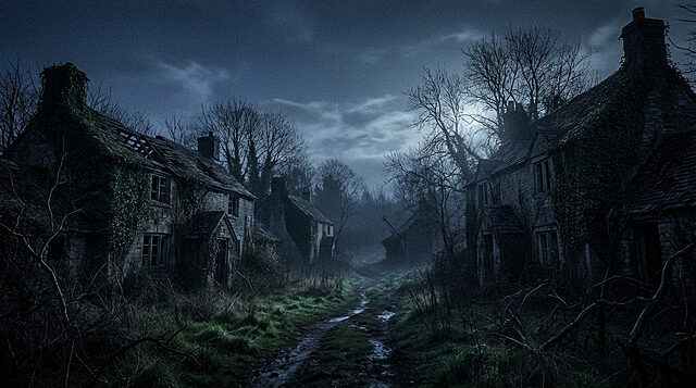 Village abandonné la nuit sous ciel nuageux