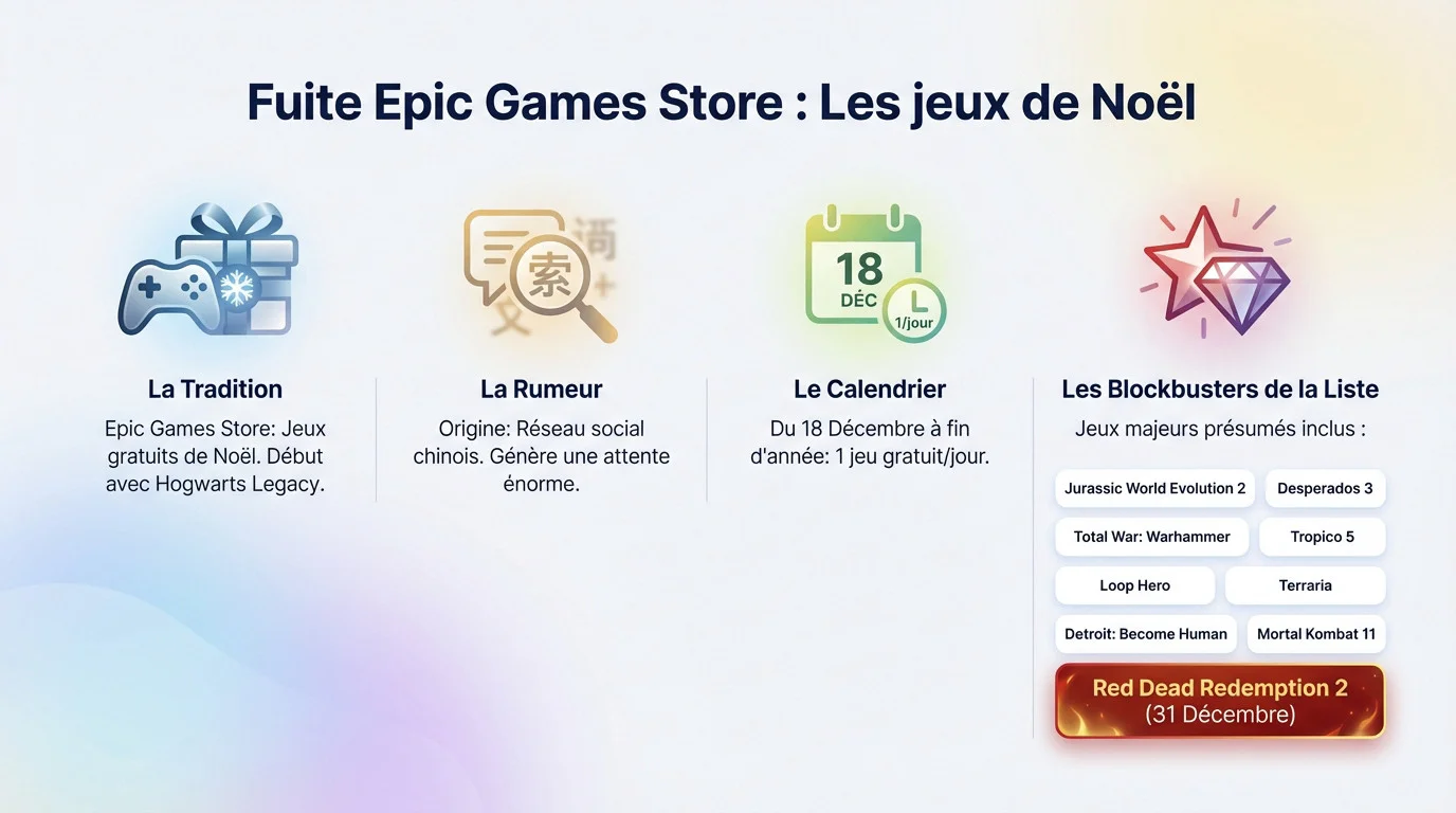 Liste fuite jeux gratuits Epic Games Store Noel avec Red Dead Redemption 2