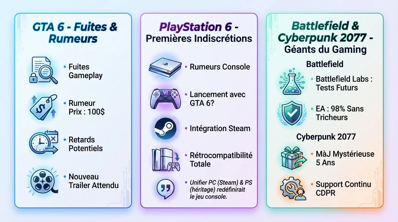 Illustration des fuites et rumeurs gaming actuelles : GTA 6, PS6, Battlefield et Cyberpunk 2077