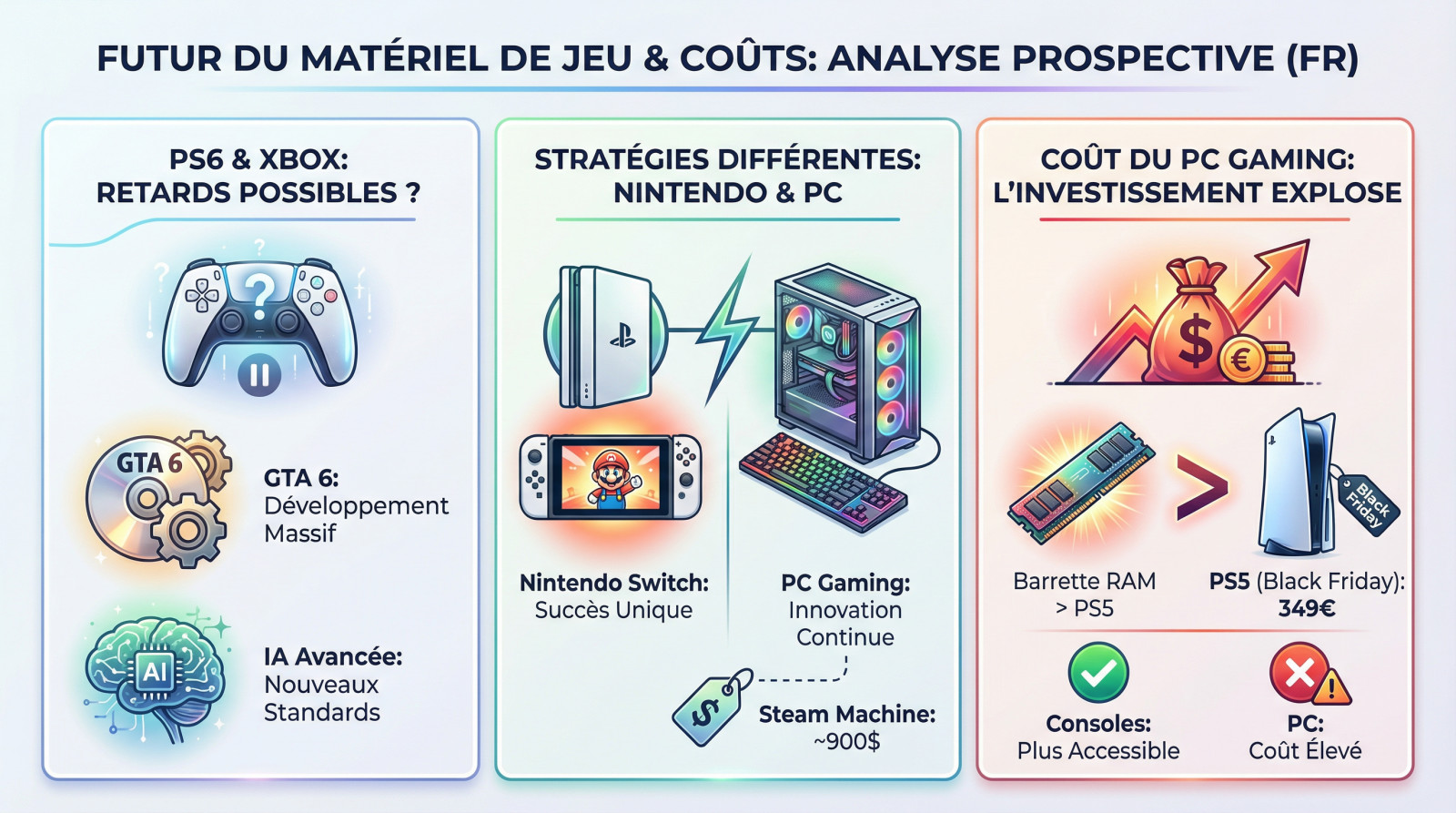 Analyse prospective du matériel de jeu vidéo futur : comparaison entre consoles PS6, Xbox et coûts PC
