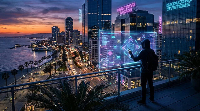 future city holographic interface at dusk Personne interagissant avec écran virtuel en ville futuriste.