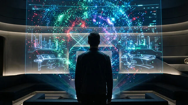 future of gaming holographic news experience Personne devant un écran holographique futuriste.