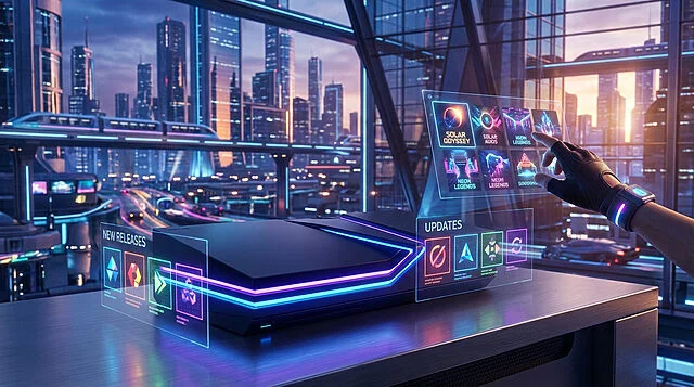 future of gaming immersive holographic experience Interface holographique futuriste dans une ville moderne.