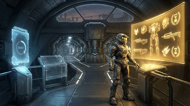future unlocked past reset new gear awaits Combattant futuriste dans un vaisseau spatial high-tech