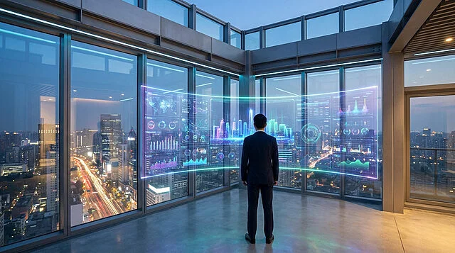 future vision strategic overview Homme observant données holographiques sur toit-terrasse.