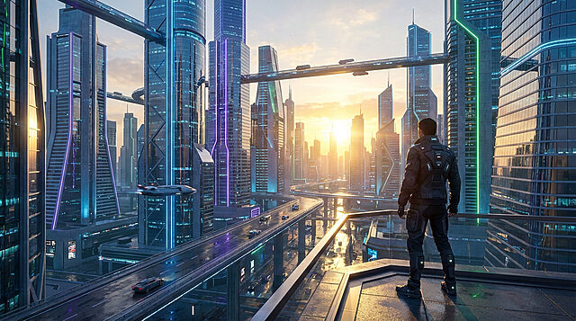 futures horizon city awakening Futuriste panorama urbain avec gratte-ciels et homme.
