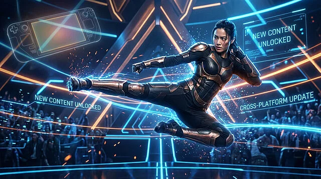 futuristic combat new content and cross platform gaming Guerrière en armure combattant, contenu déverrouillé.